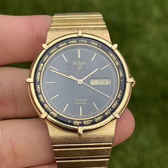 Vintage Pulsar Y960-6059 Men Rotate Bezel Analog Digital Quartz Watch Gold Tone - Picture 9 of 9